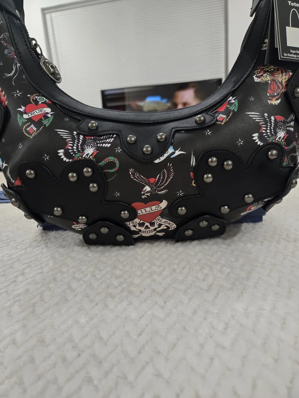 NWT Ed Hardy Black Tattoo Print Studded Hobo Shoulder Bag Vegan Leather Y2K